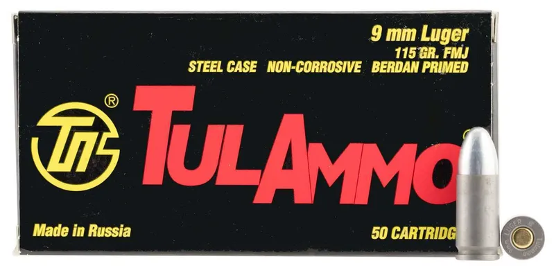 TulAmmo 9mm 115 Grain FMJ, 50 Rounds TA919150 - Tula
