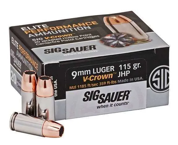 Sig Sauer Elite Performance 9mm 115 Grain V-Crown JHP, 20 Rounds E9MMA1-20 - Sig Sauer