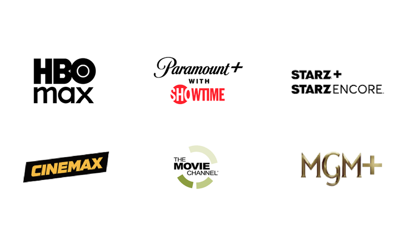 HBO Max, Paramount + with Showtime, Starz + Starz Encore, Cinex, The Movie Channel, and MGM +