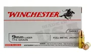 Winchester USA 9mm Luger 115 Grain FMJ, 50 Rounds Q4172 | Q4172