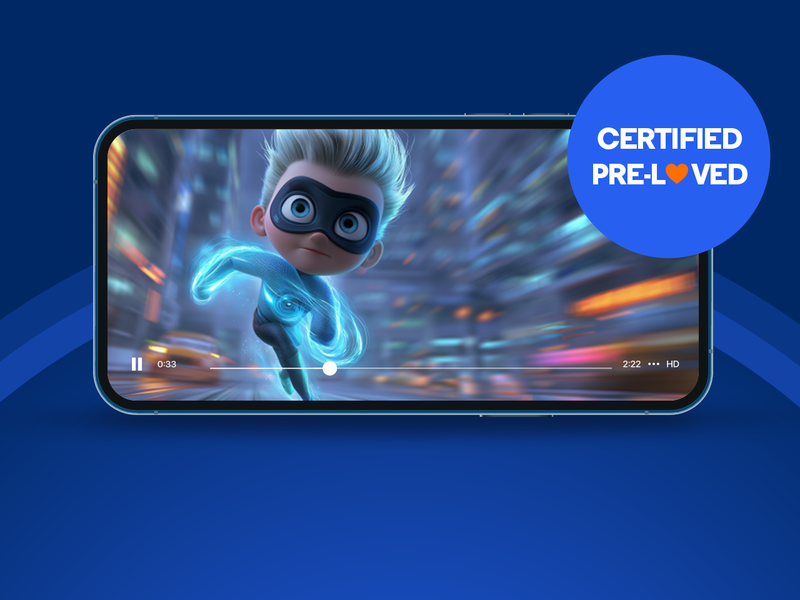 A mobile phone screen shows a movie character with a badge denoting Certified Pre-loved, representing Optimum’s pre-owned options.