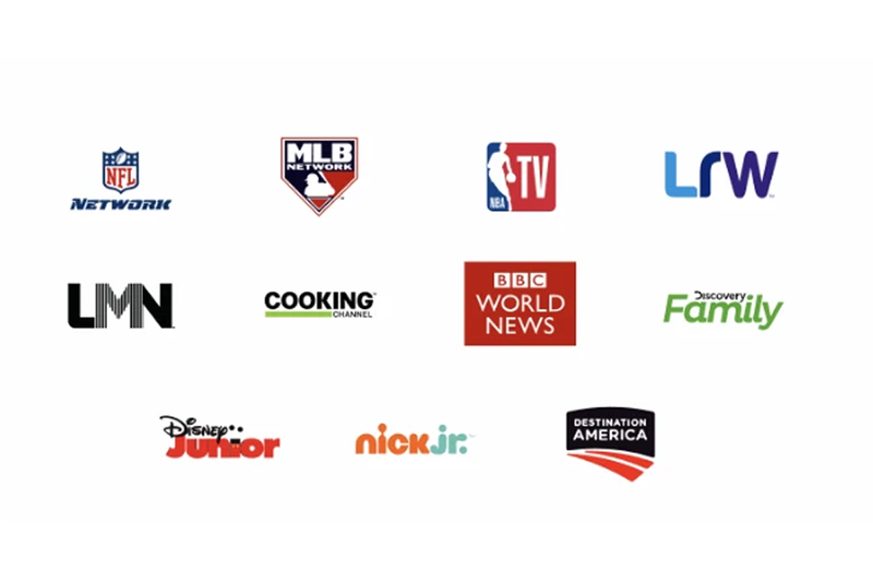 NFL Network, MLB Network, NBA TV, LRW, LMN, Cooking Channel, BBC World News, Discovery Family, Disney Junior, nick jr y Destination America